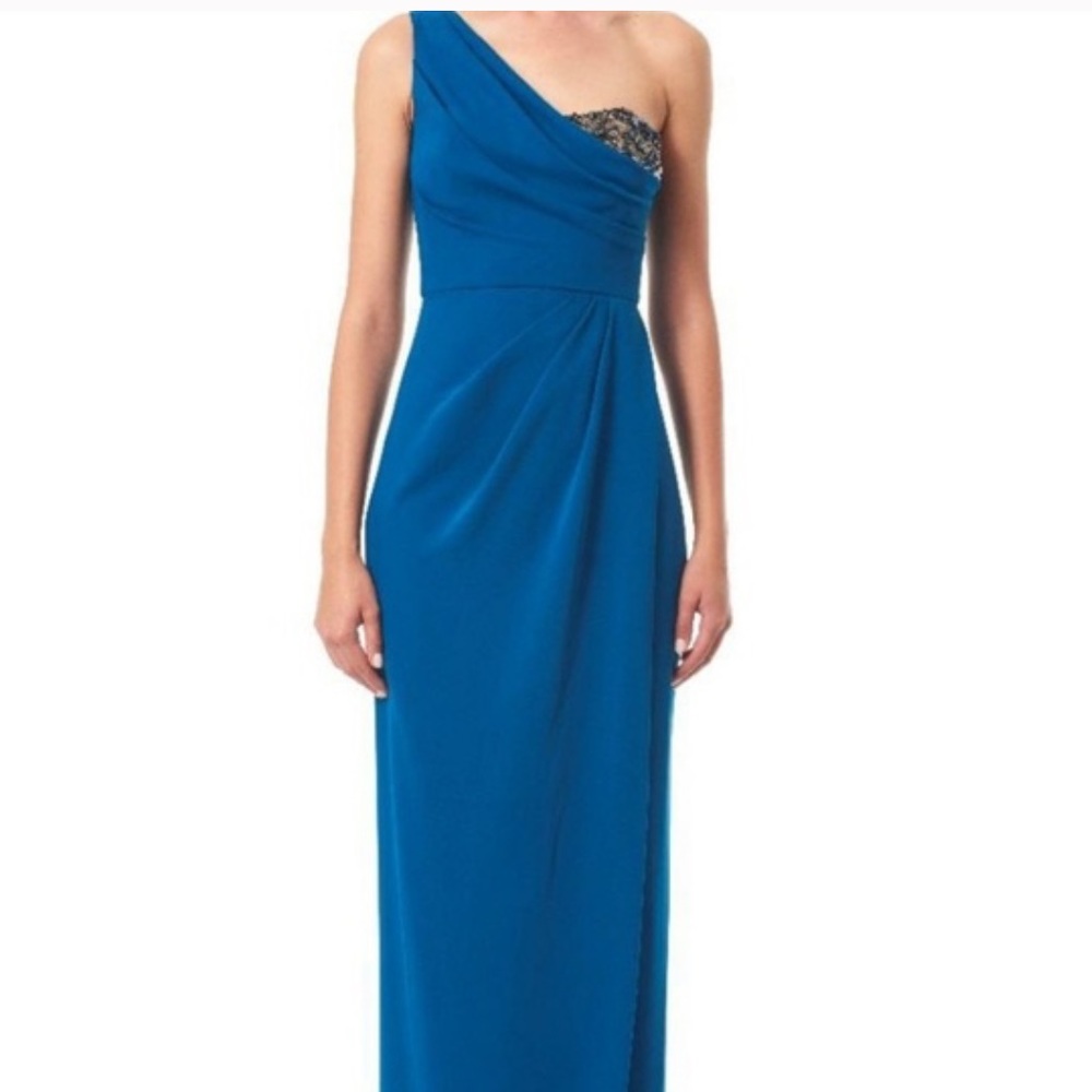 Marchesa One shoulder teal gown